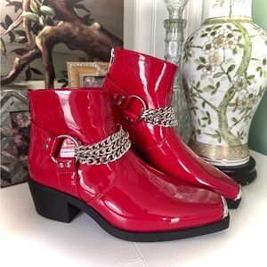 ASOS DESIGN cuban heel western chelsea boots in red patent with silver chain